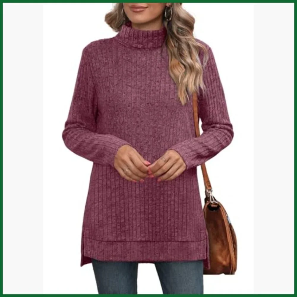 Oversized Turtleneck Tunic Top with Side Split High Low Hemline - Picture 2 of 7
